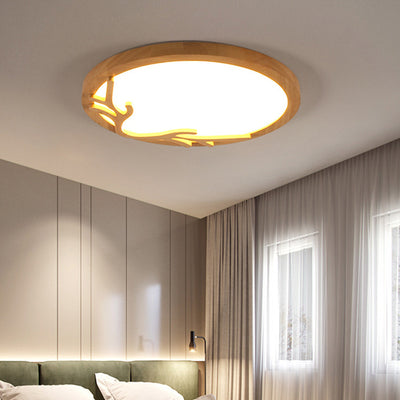 Traditional Rustic Metal Rubber Wood Acrylic Round Deer Horn LED Flush Mount Ceiling Light For Bedroom