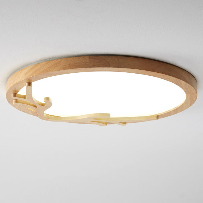 Traditional Rustic Metal Rubber Wood Acrylic Round Deer Horn LED Flush Mount Ceiling Light For Bedroom