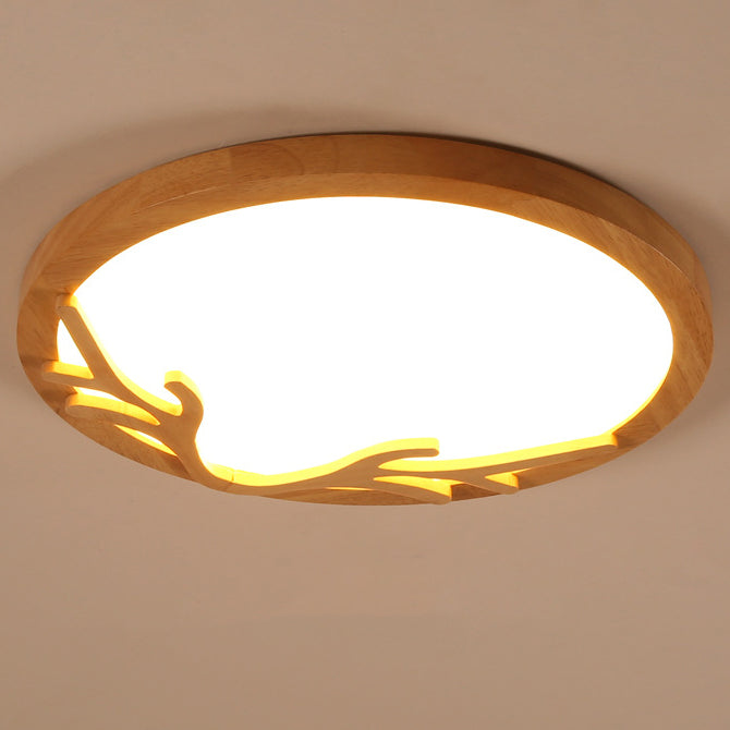 Traditional Rustic Metal Rubber Wood Acrylic Round Deer Horn LED Flush Mount Ceiling Light For Bedroom