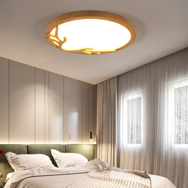 Traditional Rustic Metal Rubber Wood Acrylic Round Deer Horn LED Flush Mount Ceiling Light For Bedroom