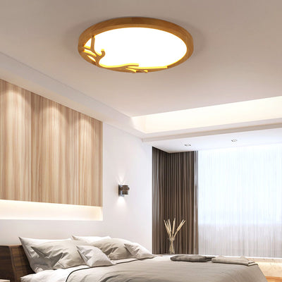 Traditional Rustic Metal Rubber Wood Acrylic Round Deer Horn LED Flush Mount Ceiling Light For Bedroom