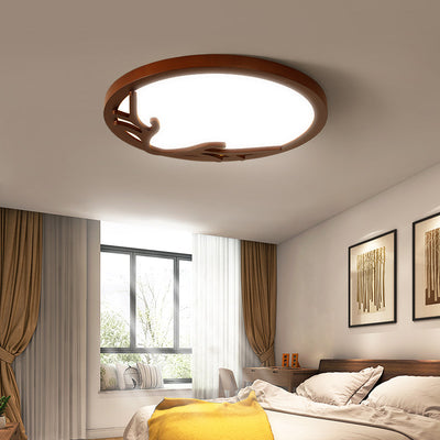 Traditional Rustic Metal Rubber Wood Acrylic Round Deer Horn LED Flush Mount Ceiling Light For Bedroom