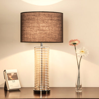 Contemporary Retro Glass Fabric Crystal Cylinder Drum 1-Light Table Lamp For Bedside