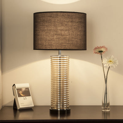 Contemporary Retro Glass Fabric Crystal Cylinder Drum 1-Light Table Lamp For Bedside