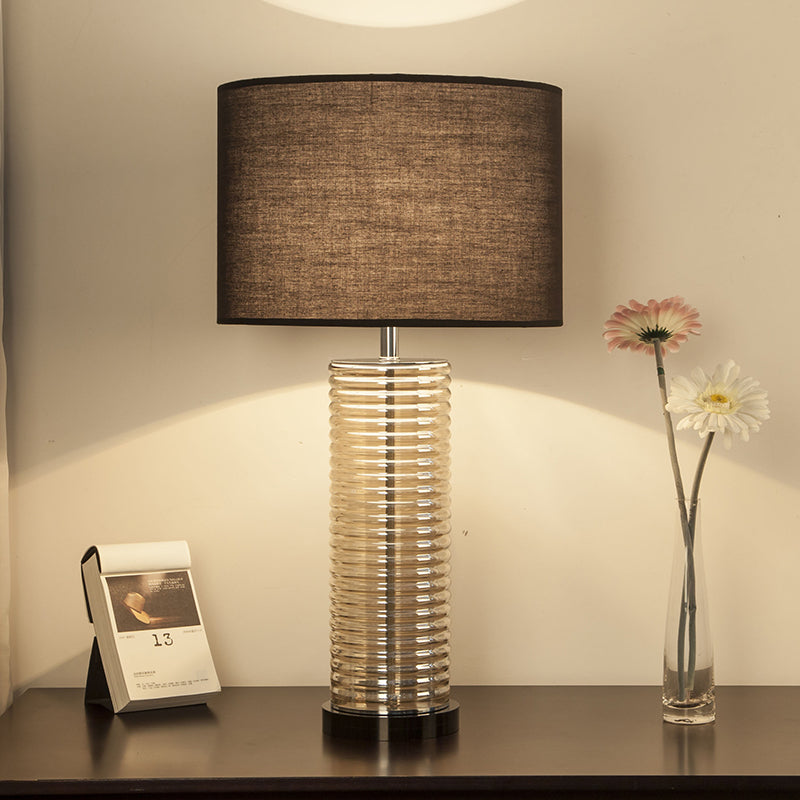 Contemporary Retro Glass Fabric Crystal Cylinder Drum 1-Light Table Lamp For Bedside