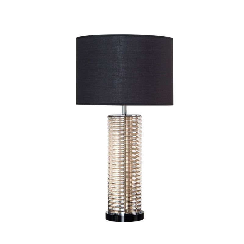 Contemporary Retro Glass Fabric Crystal Cylinder Drum 1-Light Table Lamp For Bedside