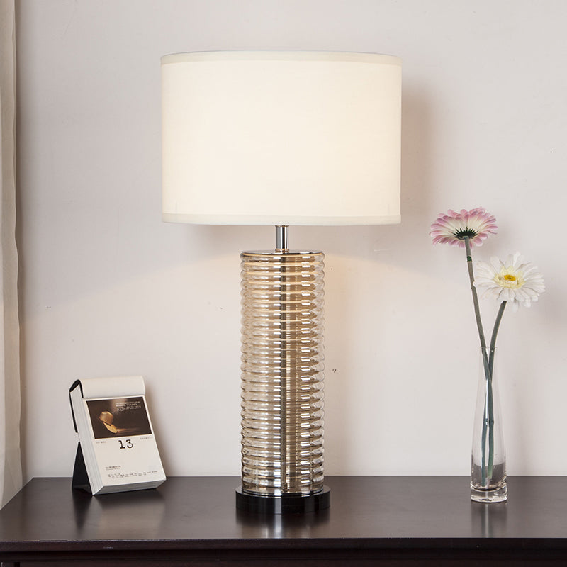 Contemporary Retro Glass Fabric Crystal Cylinder Drum 1-Light Table Lamp For Bedside