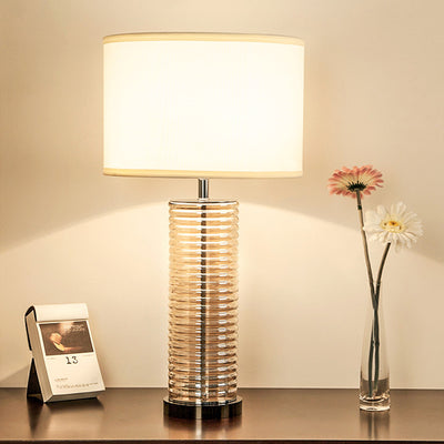 Contemporary Retro Glass Fabric Crystal Cylinder Drum 1-Light Table Lamp For Bedside