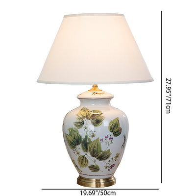 Traditional Chinese Fabric Copper Ceramic Pot Conic Leaf Painting 1-Light Table Lamp For Bedside