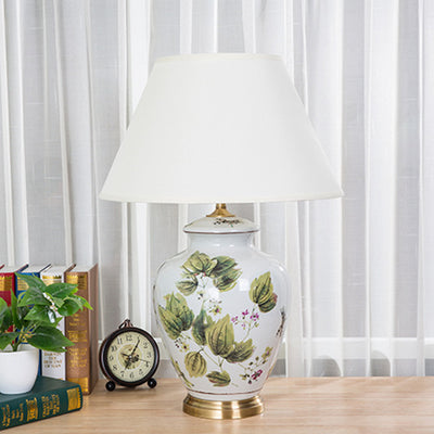 Traditional Chinese Fabric Copper Ceramic Pot Conic Leaf Painting 1-Light Table Lamp For Bedside