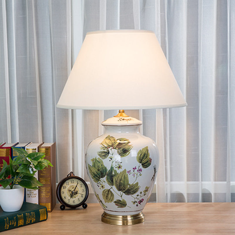 Traditional Chinese Fabric Copper Ceramic Pot Conic Leaf Painting 1-Light Table Lamp For Bedside