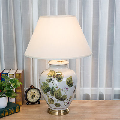 Traditional Chinese Fabric Copper Ceramic Pot Conic Leaf Painting 1-Light Table Lamp For Bedside