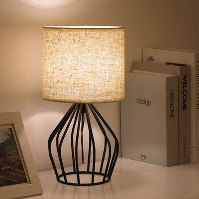 Contemporary Nordic Metal Fabric Cylinder Hollowed Base 1-Light Table Lamp For Bedside