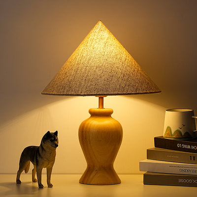 Contemporary Retro Wood Fabric Metal Conic Cylinder Floral Pattern 1-Light Table Lamp For Bedside