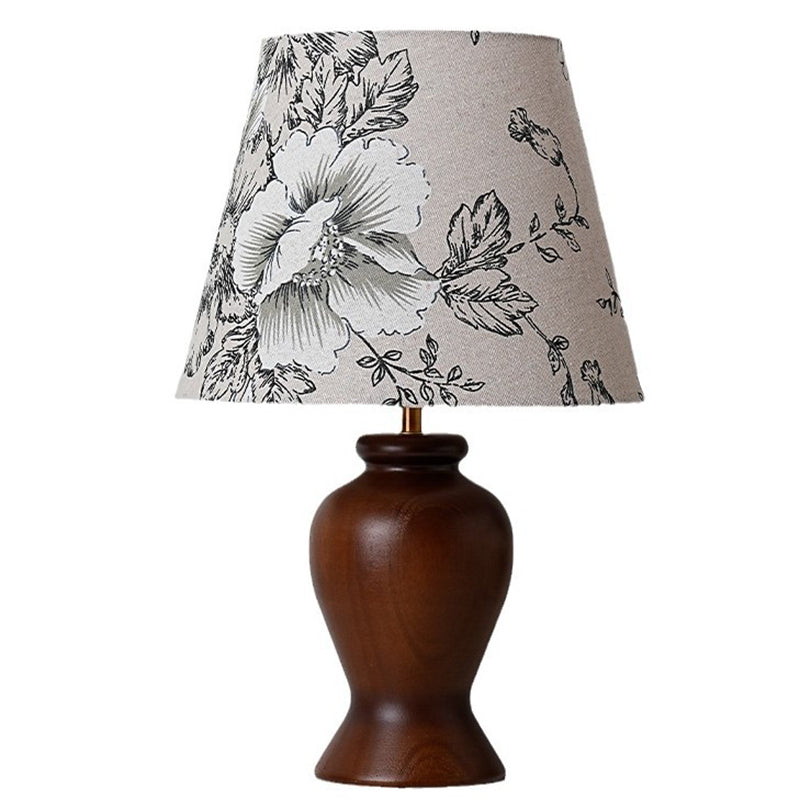 Contemporary Retro Wood Fabric Metal Conic Cylinder Floral Pattern 1-Light Table Lamp For Bedside