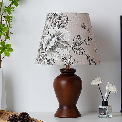 Contemporary Retro Wood Fabric Metal Conic Cylinder Floral Pattern 1-Light Table Lamp For Bedside