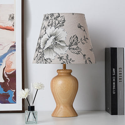 Contemporary Retro Wood Fabric Metal Conic Cylinder Floral Pattern 1-Light Table Lamp For Bedside