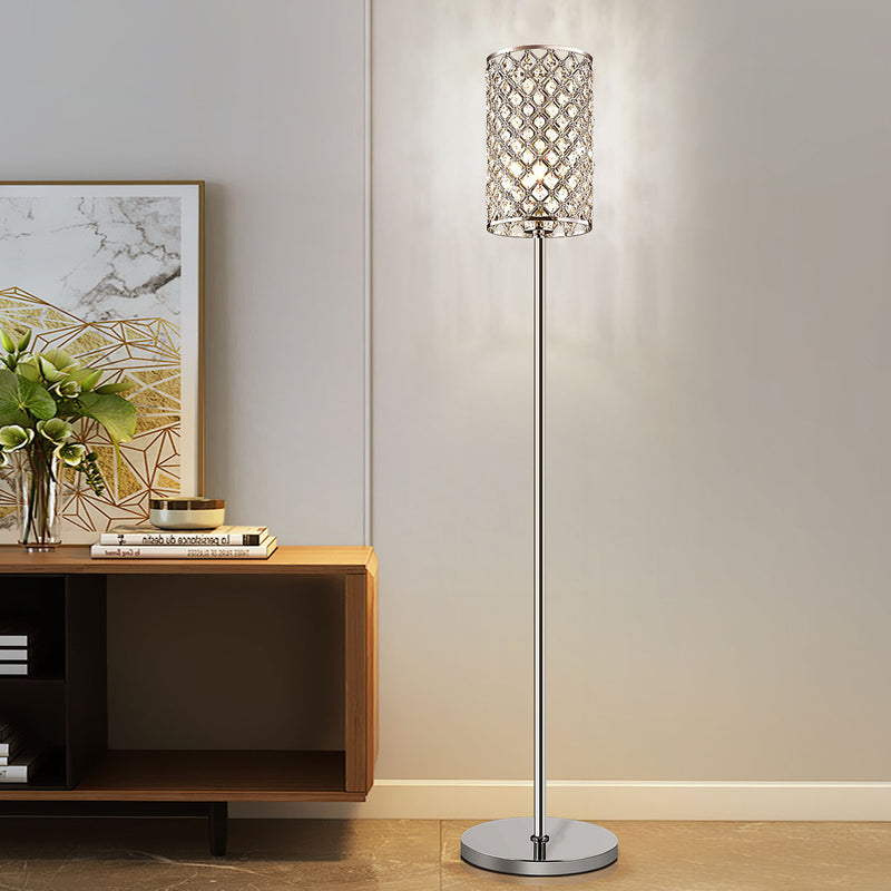 Modern Luxury Iron Crystal Cylinder 1-Light Standing Floor Lamp For Living Room