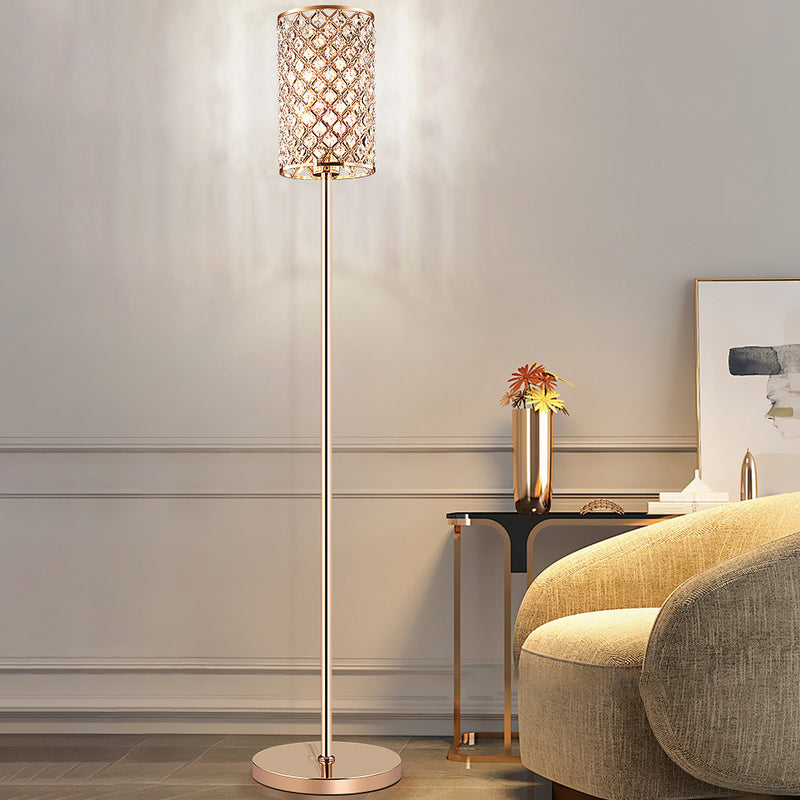 Modern Luxury Iron Crystal Cylinder 1-Light Standing Floor Lamp For Living Room