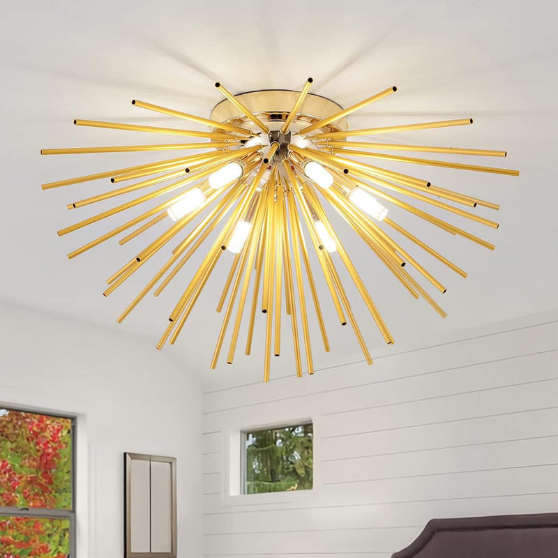 Contemporary Nordic Stainless Steel Hardware Firework Lines 6-Light Semi-Flush Mount Ceiling Light For Living Room