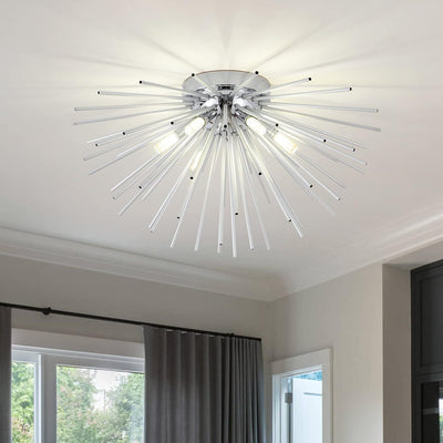 Contemporary Nordic Stainless Steel Hardware Firework Lines 6-Light Semi-Flush Mount Ceiling Light For Living Room