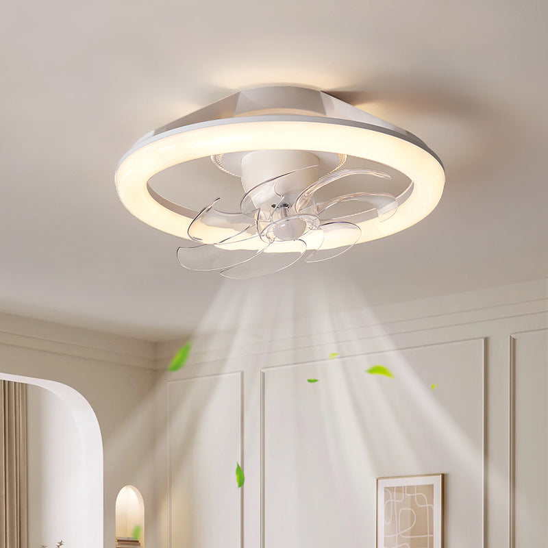 Modern Simplicity Iron Acrylic PE Round LED Semi-Flush Mount Ceiling Fan Light For Bedroom