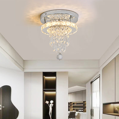 Modern Luxury Stainless Steel Crystal Square Round Bead LED Semi-Flush Mount Ceiling Light For Hallway