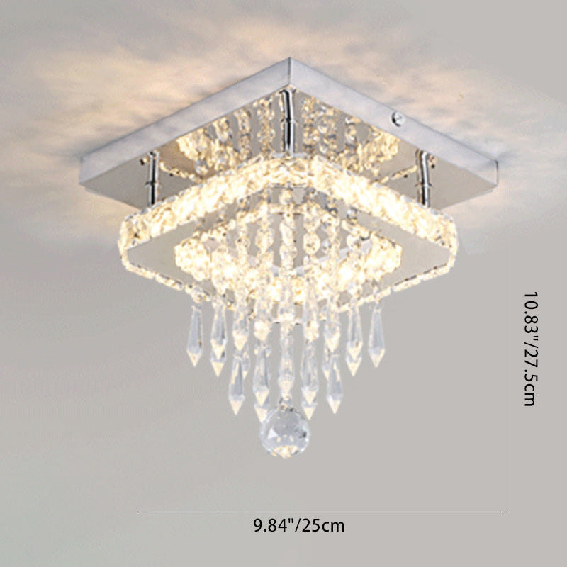 Modern Luxury Stainless Steel Crystal Square Round Bead LED Semi-Flush Mount Ceiling Light For Hallway