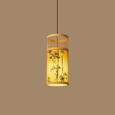 Traditional Chinese Weaving Bamboo Parchment Cylinder Leaf 1-Light Pendant Light For Dining Room