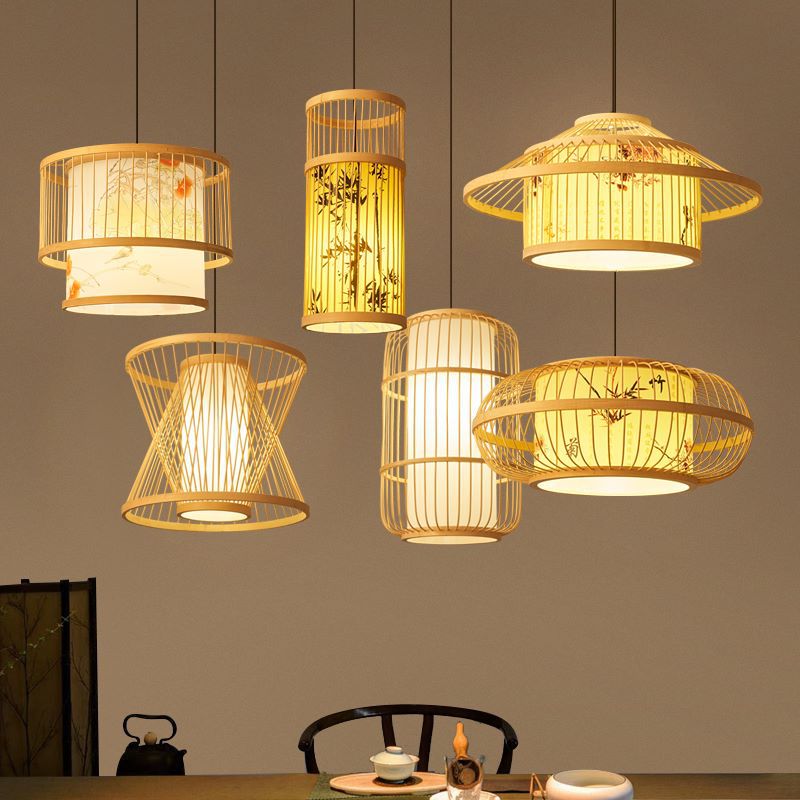 Traditional Chinese Weaving Bamboo Parchment Cylinder Leaf 1-Light Pendant Light For Dining Room