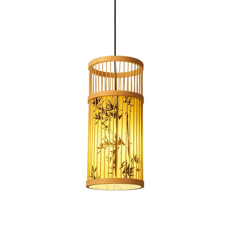 Traditional Chinese Weaving Bamboo Parchment Cylinder Leaf 1-Light Pendant Light For Dining Room