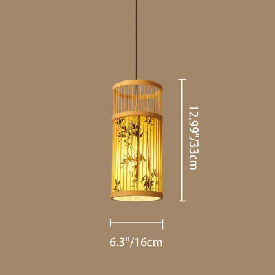 Traditional Chinese Weaving Bamboo Parchment Cylinder Leaf 1-Light Pendant Light For Dining Room