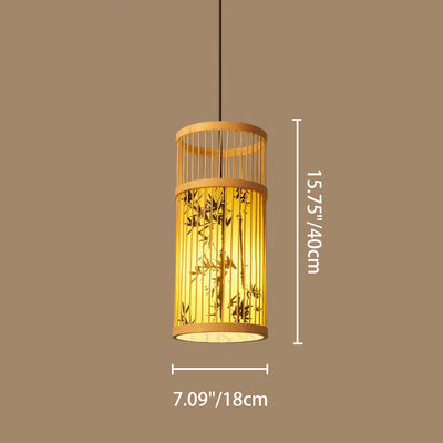 Traditional Chinese Weaving Bamboo Parchment Cylinder Leaf 1-Light Pendant Light For Dining Room