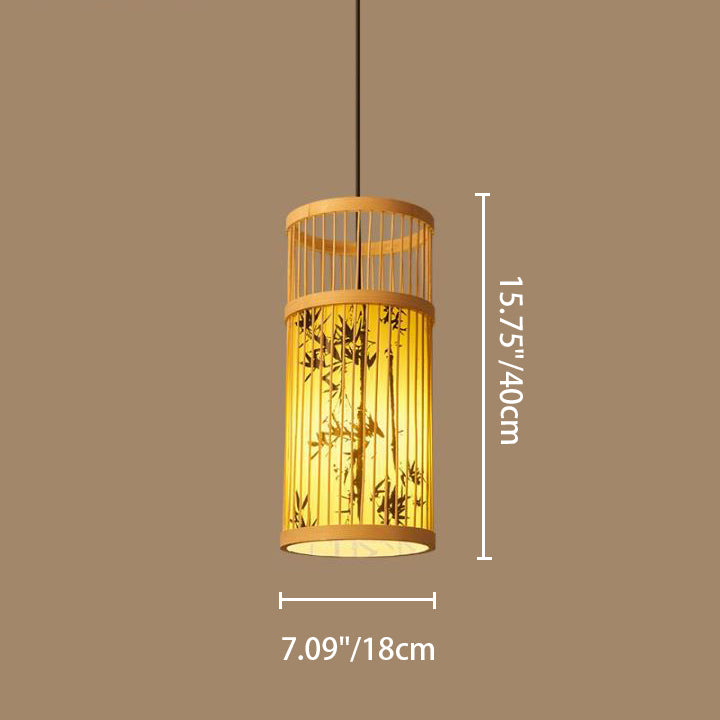 Traditional Chinese Weaving Bamboo Parchment Cylinder Leaf 1-Light Pendant Light For Dining Room