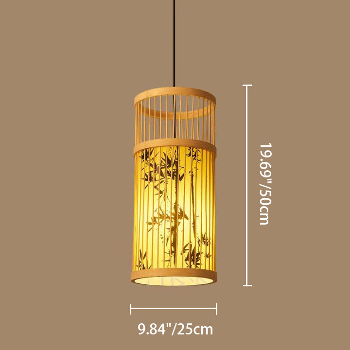 Traditional Chinese Weaving Bamboo Parchment Cylinder Leaf 1-Light Pendant Light For Dining Room