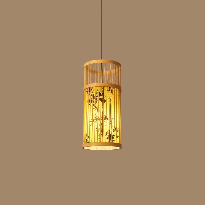 Traditional Chinese Weaving Bamboo Parchment Cylinder Leaf 1-Light Pendant Light For Dining Room