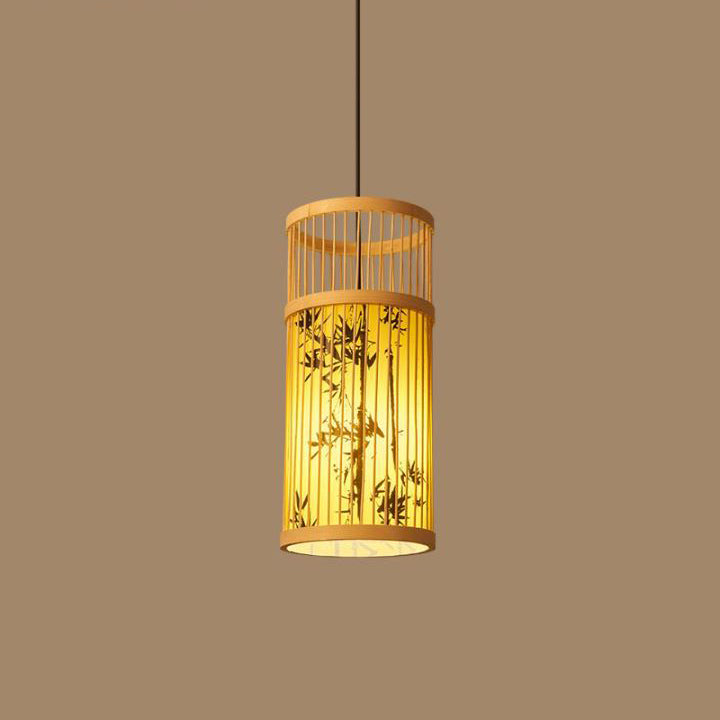 Traditional Chinese Weaving Bamboo Parchment Cylinder Leaf 1-Light Pendant Light For Dining Room