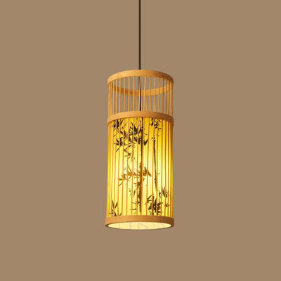 Traditional Chinese Weaving Bamboo Parchment Cylinder Leaf 1-Light Pendant Light For Dining Room