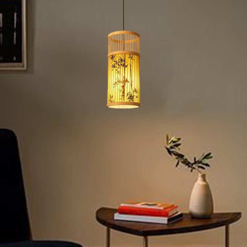 Traditional Chinese Weaving Bamboo Parchment Cylinder Leaf 1-Light Pendant Light For Dining Room