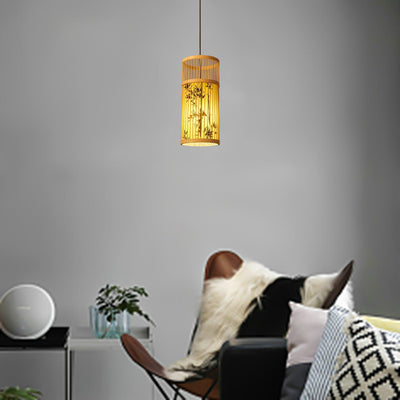 Traditional Chinese Weaving Bamboo Parchment Cylinder Leaf 1-Light Pendant Light For Dining Room