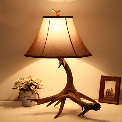 Traditional Rustic Fabric Resin Deer Horn Cylinder 1-Light Table Lamp For Living Room