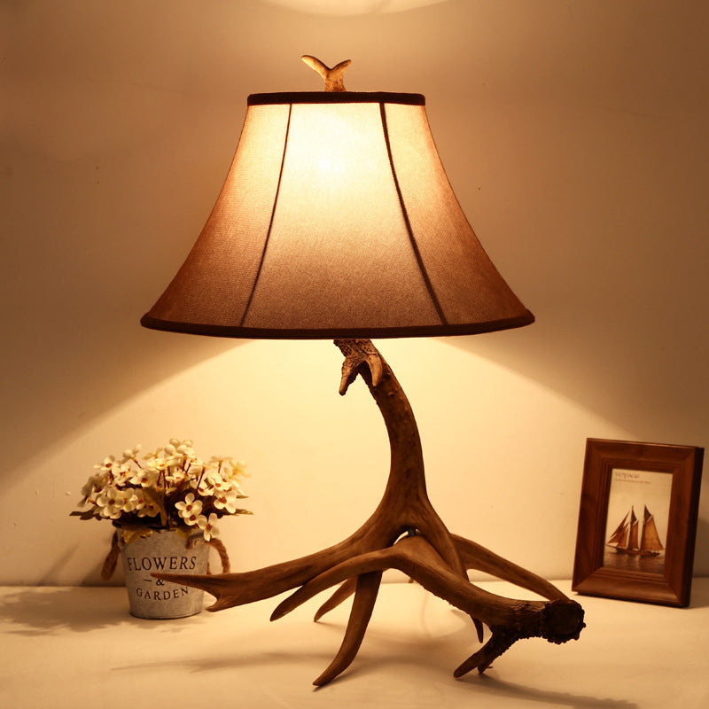 Traditional Rustic Fabric Resin Deer Horn Cylinder 1-Light Table Lamp For Living Room