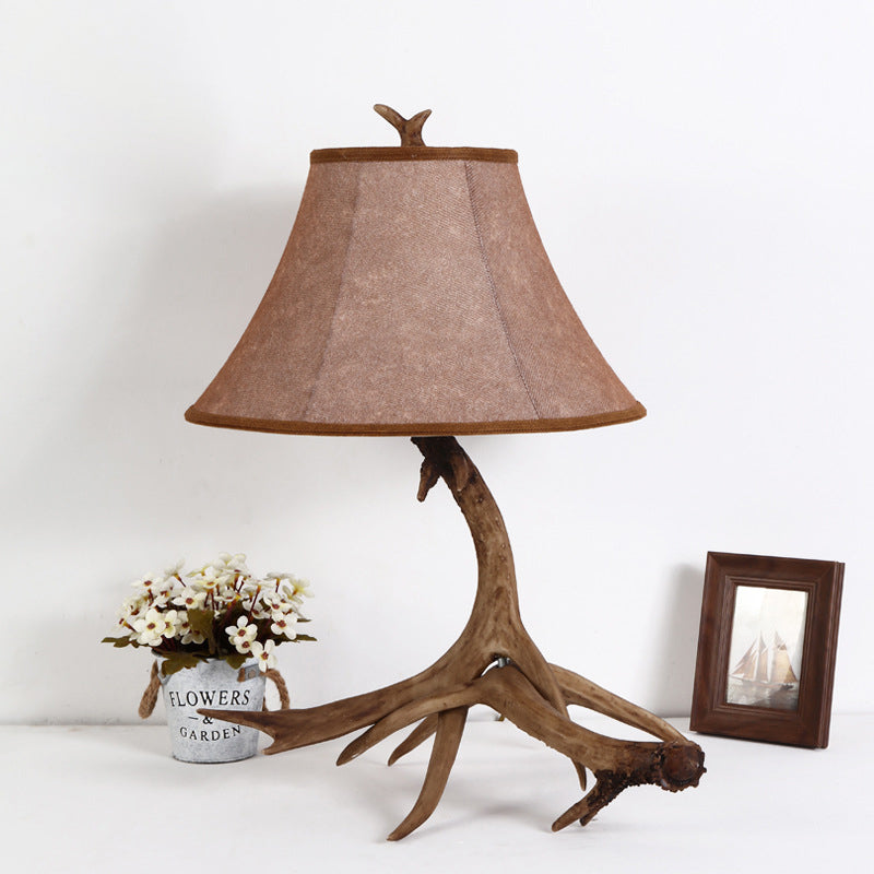 Traditional Rustic Fabric Resin Deer Horn Cylinder 1-Light Table Lamp For Living Room