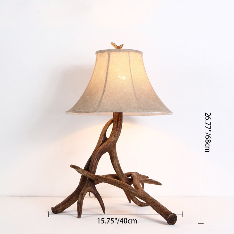 Traditional Rustic Fabric Resin Deer Horn Cylinder 1-Light Table Lamp For Living Room