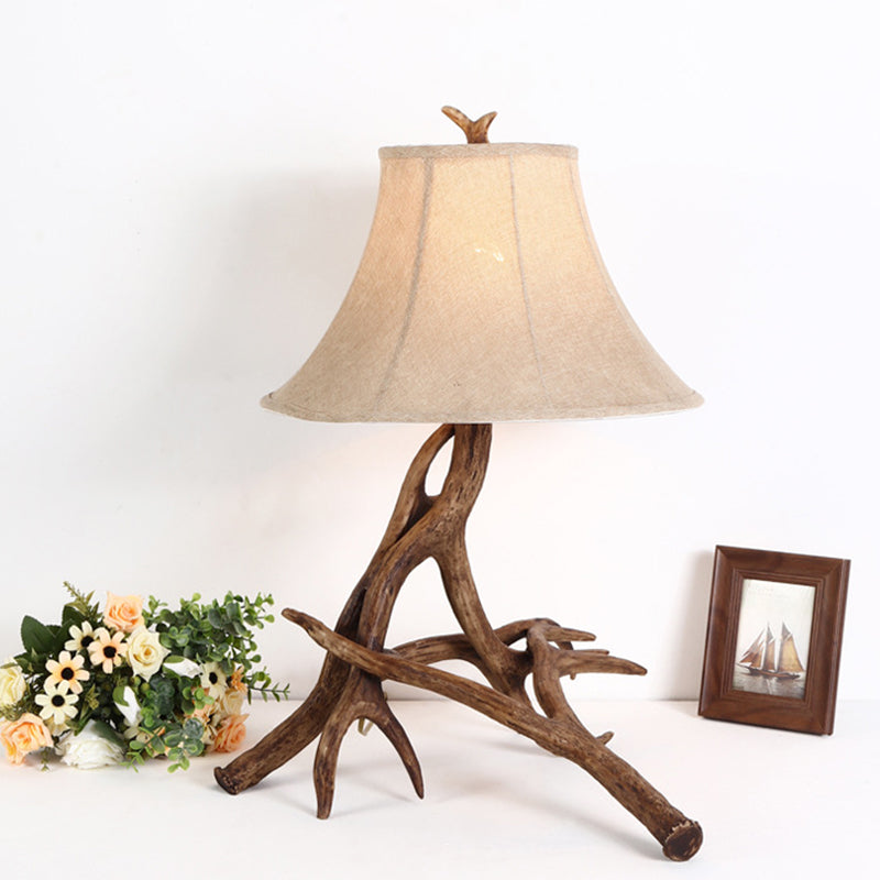 Traditional Rustic Fabric Resin Deer Horn Cylinder 1-Light Table Lamp For Living Room