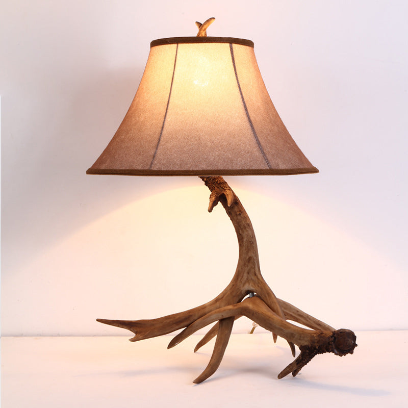 Traditional Rustic Fabric Resin Deer Horn Cylinder 1-Light Table Lamp For Living Room