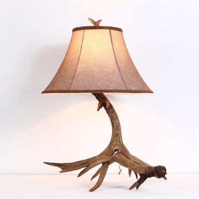 Traditional Rustic Fabric Resin Deer Horn Cylinder 1-Light Table Lamp For Living Room