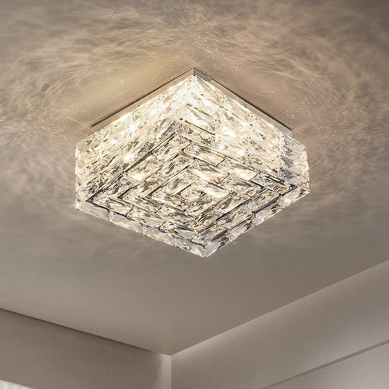 Modern Luxury Stainless Steel Crystal Square LED Semi-Flush Mount Ceiling Light For Living Room