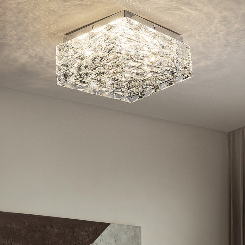 Modern Luxury Stainless Steel Crystal Square LED Semi-Flush Mount Ceiling Light For Living Room