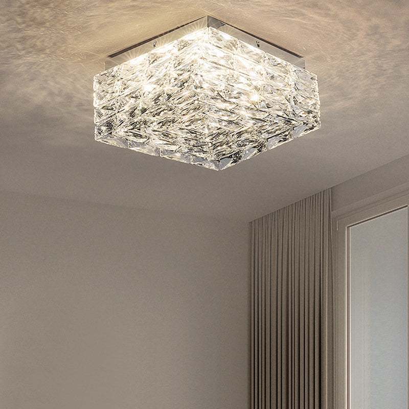 Modern Luxury Stainless Steel Crystal Square LED Semi-Flush Mount Ceiling Light For Living Room